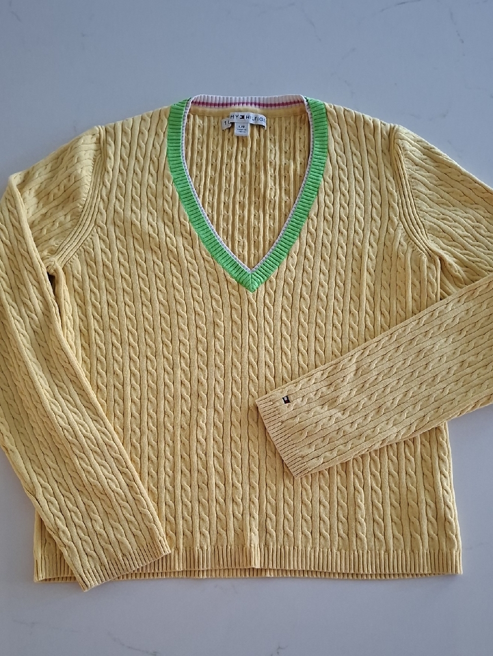 Tommy Hilfiger Yellow, Green & White Cable-knit Preppy/Tennis Sweater (Size L)